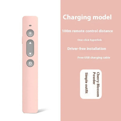 A whiteboard remote control pen for PPT presentations, shown in black, white, and pink colour options.