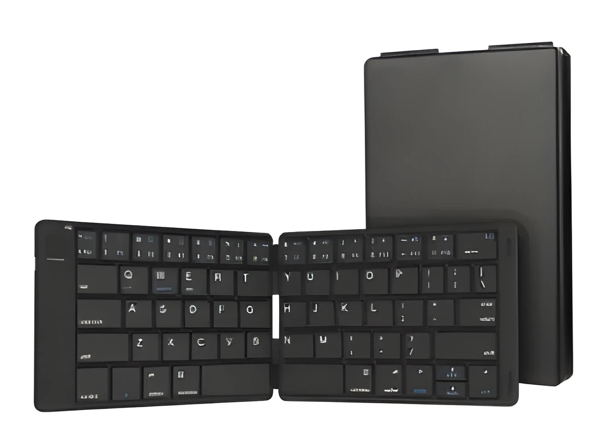 Black wireless mini Bluetooth folding keyboard with PU leather case, 12mm slim body, 6.2oz, scissor-switch keys, 166-degree angle