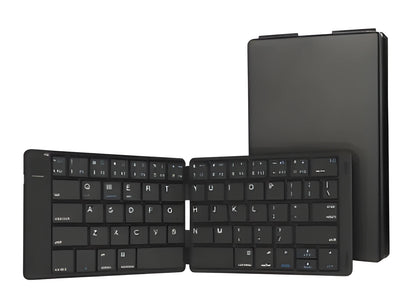 Black wireless mini Bluetooth folding keyboard with PU leather case, 12mm slim body, 6.2oz, scissor-switch keys, 166-degree angle