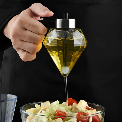 Diamond shaped glass oil dispenser with 200ml capacity and push-pour handle