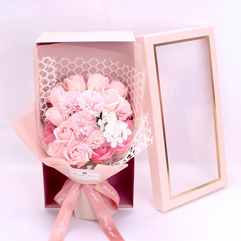 Handmade 19 rose soap bouquet in pink, red, blue, purple, or white, arranged in gift box for events
