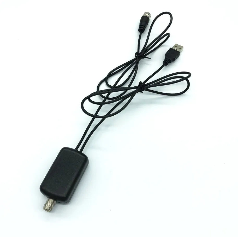 Low noise TV antenna amplifier with 75 ohm impedance and DVB frequency range, inline signal booster for HDTV aerial.