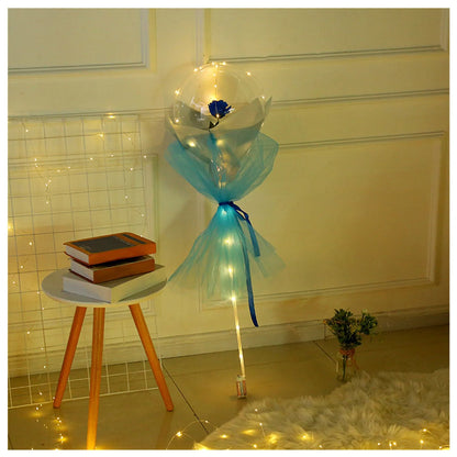 Transparent LED luminous balloon rose bouquet with artificial flowers and illuminated lights