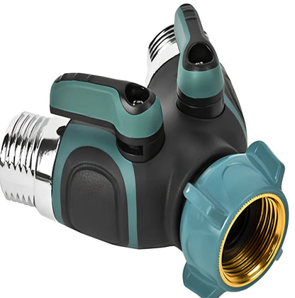 Green Y-type plastic fluid splitter with aluminium-plated copper inlet and zinc alloy outlets measuring 94x91x55mm