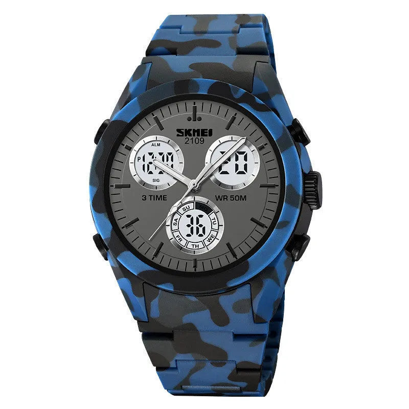 Electronic casual watch with 50m waterproof, resin mirror, ABS case, TPU strap in camouflage colour