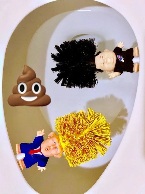 Comical Donald Trump-themed toilet brush made of durable plastic with a bold yellow color and convenient hanging slot