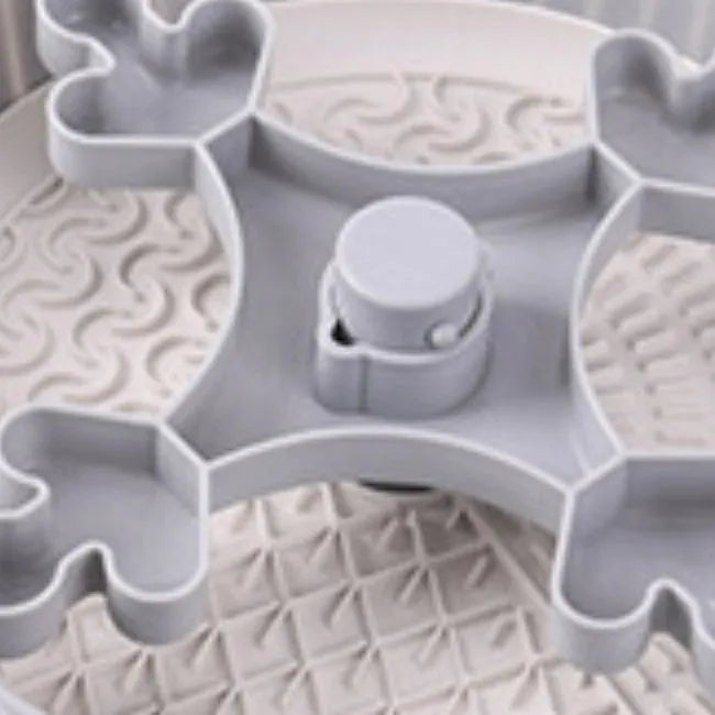 Pet food basin with rotating game board and textured silicone pad in multiple colour options including beige, blue, gray, green, and red