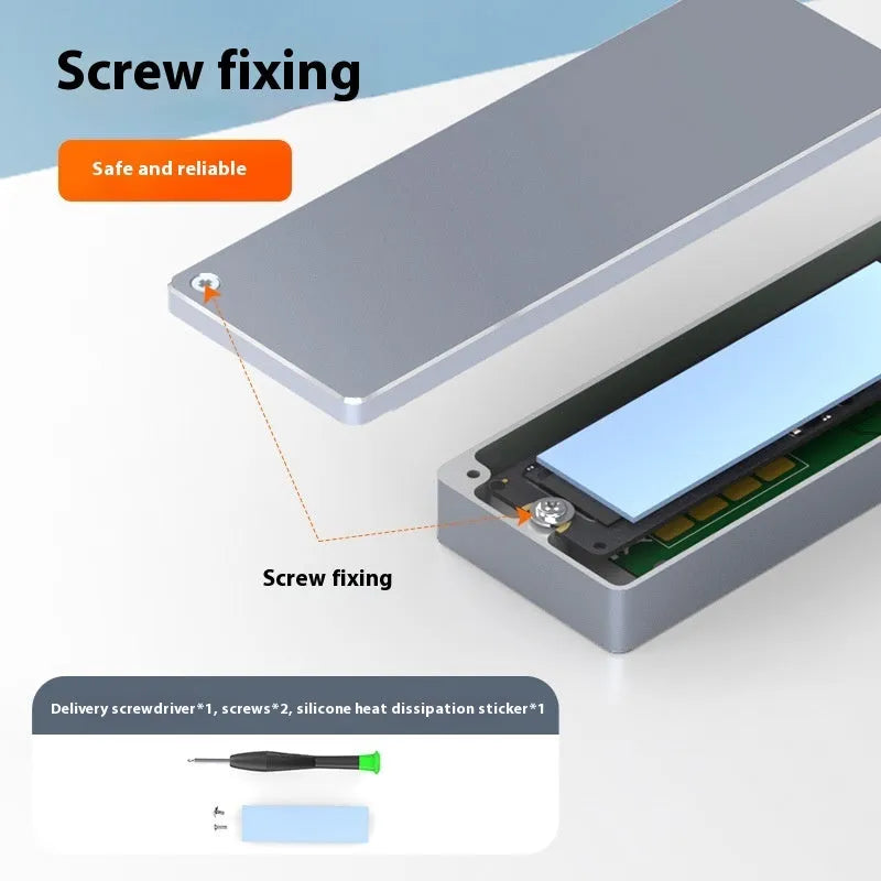 Aluminium Type-C external hard drive enclosure for M.2 SATA SSDs with included screwdriver and cables on a desk.