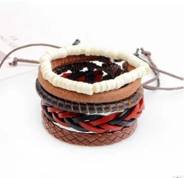 Hand-woven brown leather bracelet with wooden beads and rope detailing on a wrist.