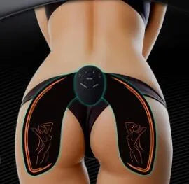 Compact EMS muscle stimulator unit with remote control and gel pads for abdominal and buttock toning.