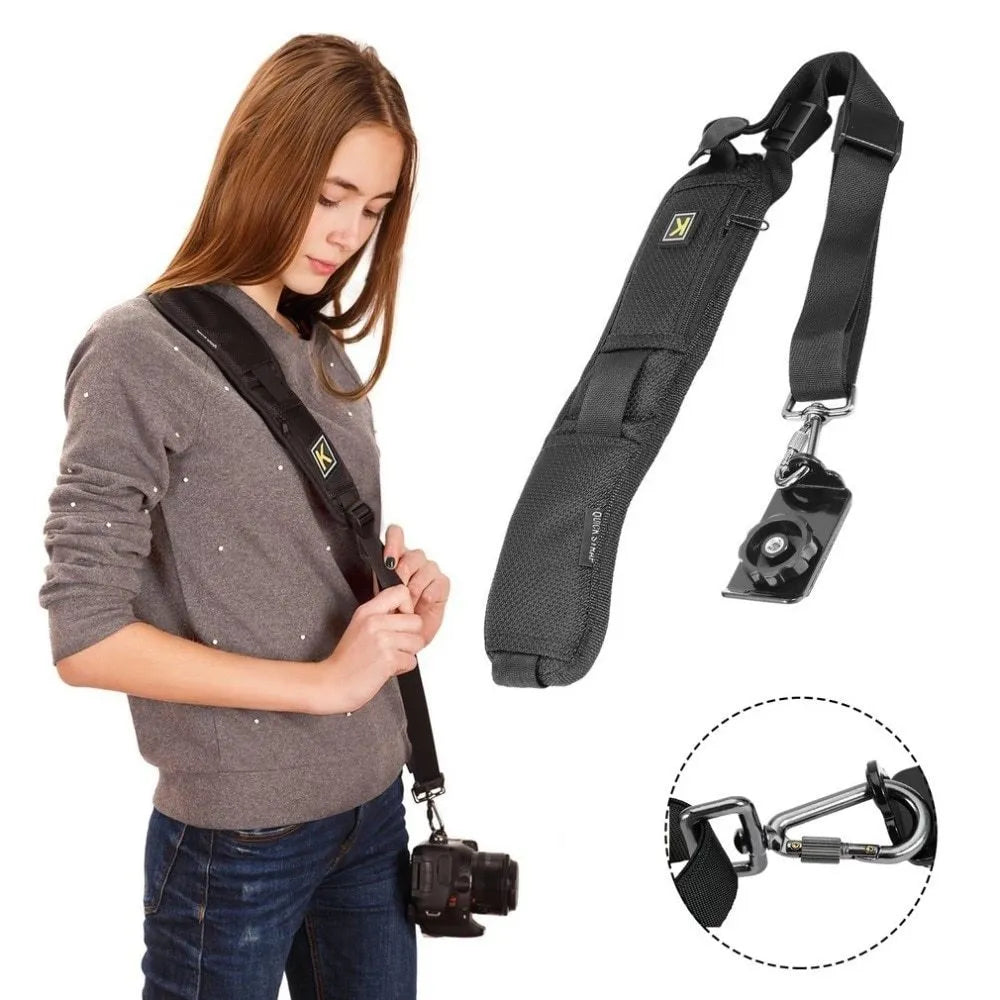 Black nylon DSLR camera shoulder sling strap with quick adjustment buckle and wide shoulder pad