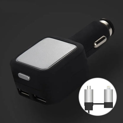 Black and gold dual USB car charger with retractable cable plugged into vehicle power socket