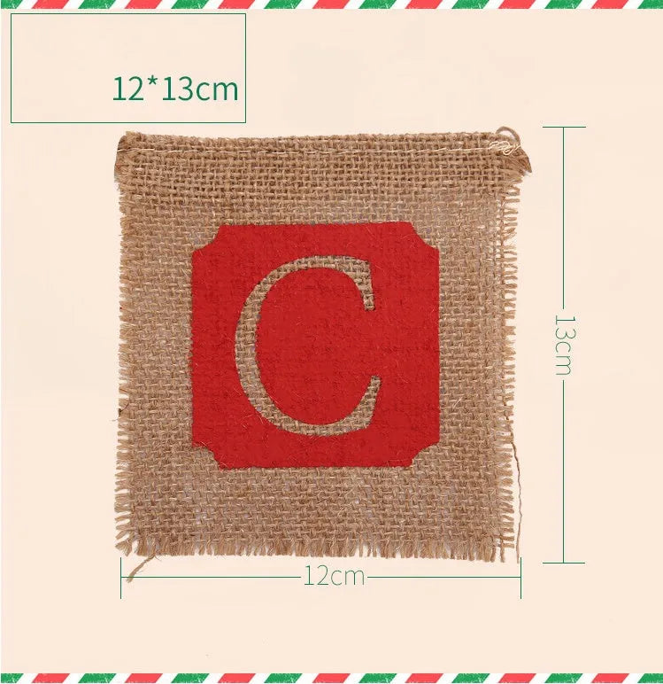 Brown and red burlap Christmas banner with fourteen flags on a string for wall decoration.