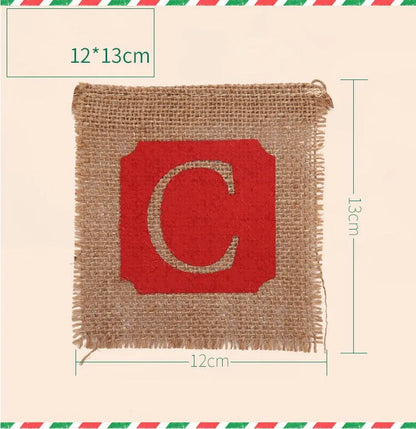 Brown and red burlap Christmas banner with fourteen flags on a string for wall decoration.