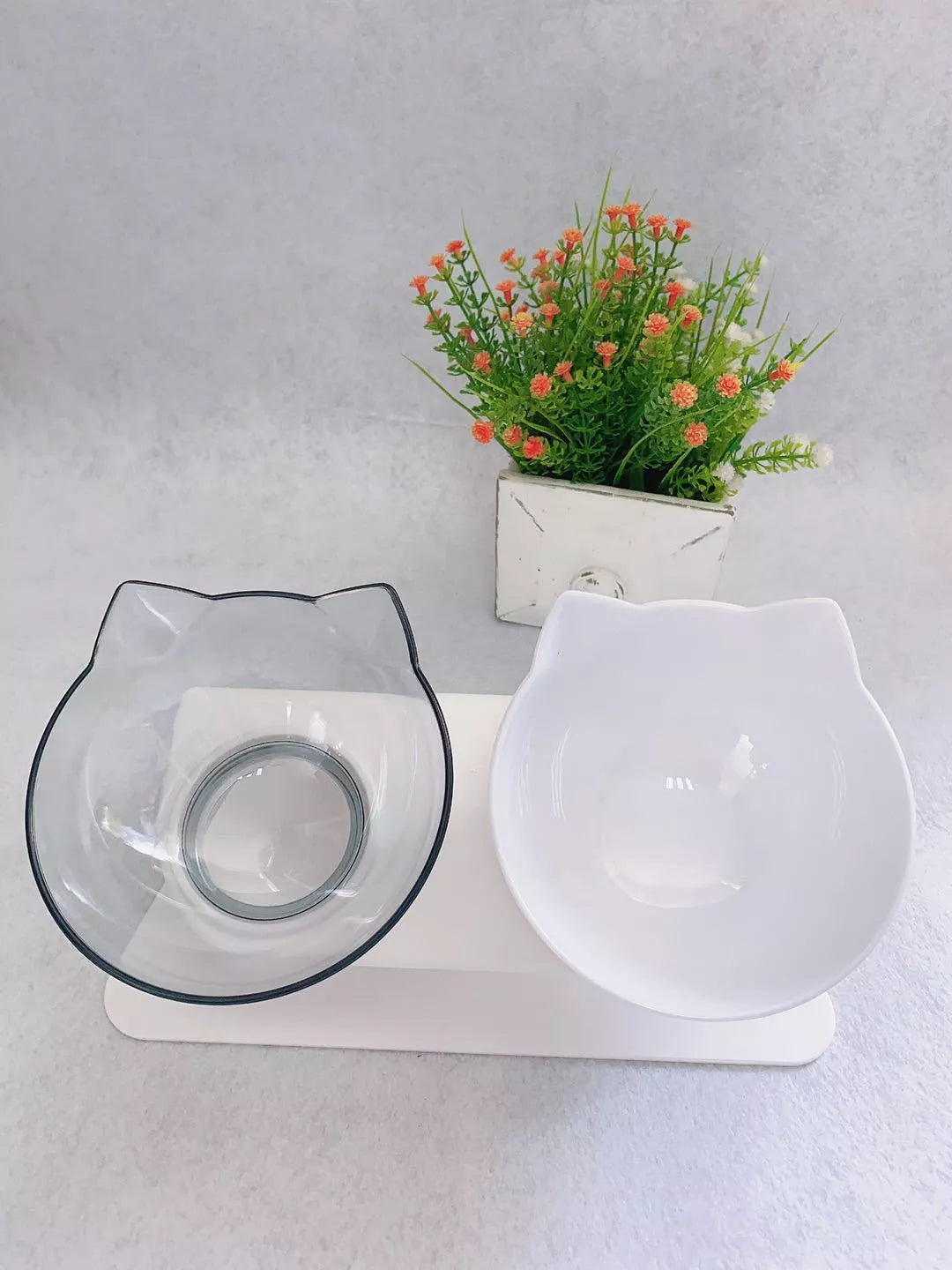 Double bowl cat food bowl with 15° tilt for cervical protection, transparent design with cute cat face