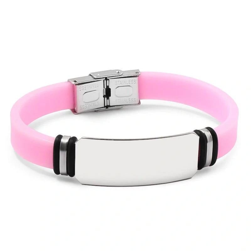 Custom engraved silicone bracelet with stainless steel clasp in various colors