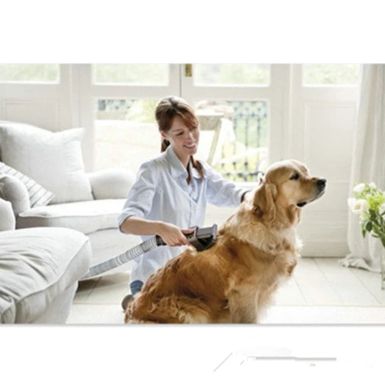 Deep grey pet grooming brush tool with vacuum cleaner attachment measuring 17x10cm