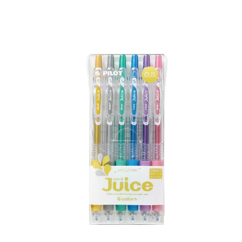 Baiguole 0.5mm gel pen showing examples from its metallic, fluorescent, and tender colour collections.