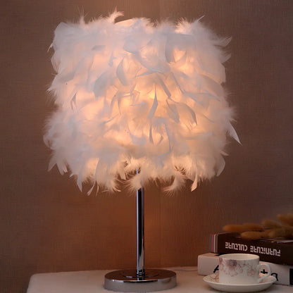 Feather night light with fur shade showing push-button switch and LED illumination in pink colour option