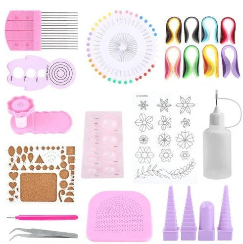 Paper craft kit showing gradient colour paper packs, paper winding disc, wave shaper, and tools in storage box