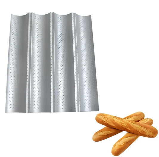 Silver rectangular bread baking pan with non-stick coating measuring 38cm by 32cm