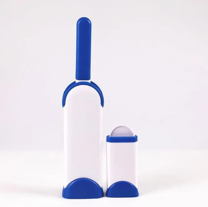 Double-sided pet brush fur comb tool with self-cleaning base, reusable and portable, in dark blue, gray, light blue, orange, and red.