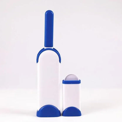 Double-sided pet brush fur comb tool with self-cleaning base, reusable and portable, in dark blue, gray, light blue, orange, and red.
