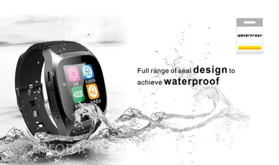 Black Bluetooth sports watch compatible with Apple iPhone and Android phones with waterproof design