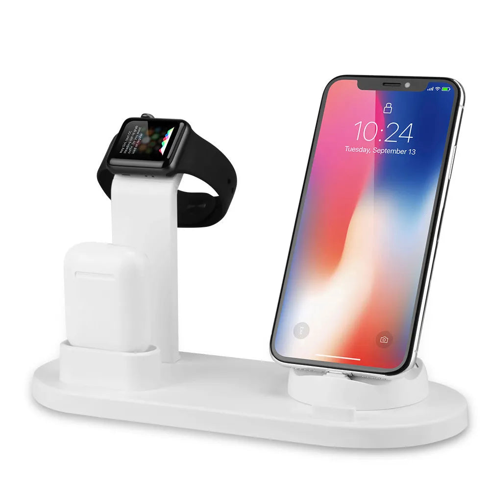 Black and white USB charging stand for wireless headphones with cable