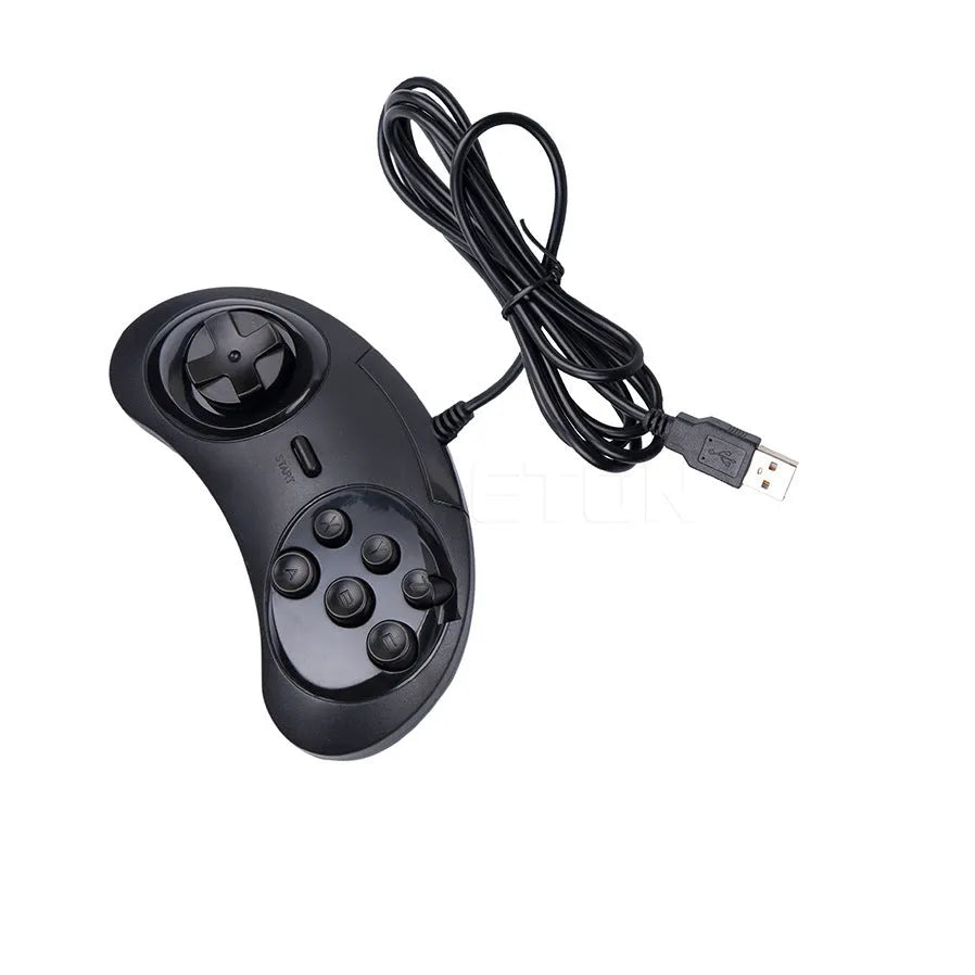 Black Sega-style USB game controller for PC with a long braided cable on a desk