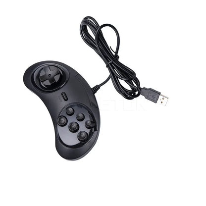 Black Sega-style USB game controller for PC with a long braided cable on a desk