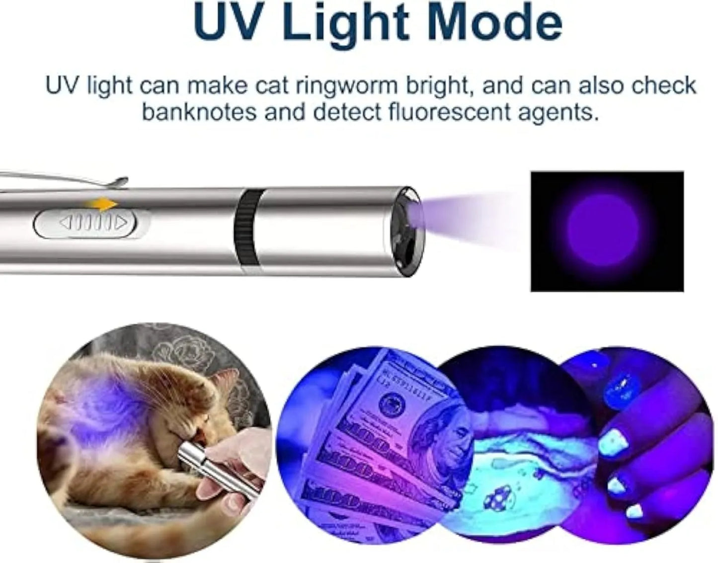 Silver aluminium cat laser toy pointer with metal clip, showing red light projection.