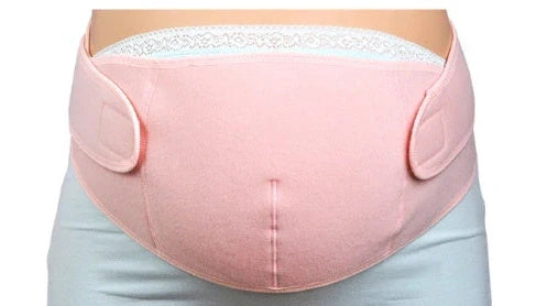 Pink maternity support belt with stomach lift function showing adjustable length up to 164cm