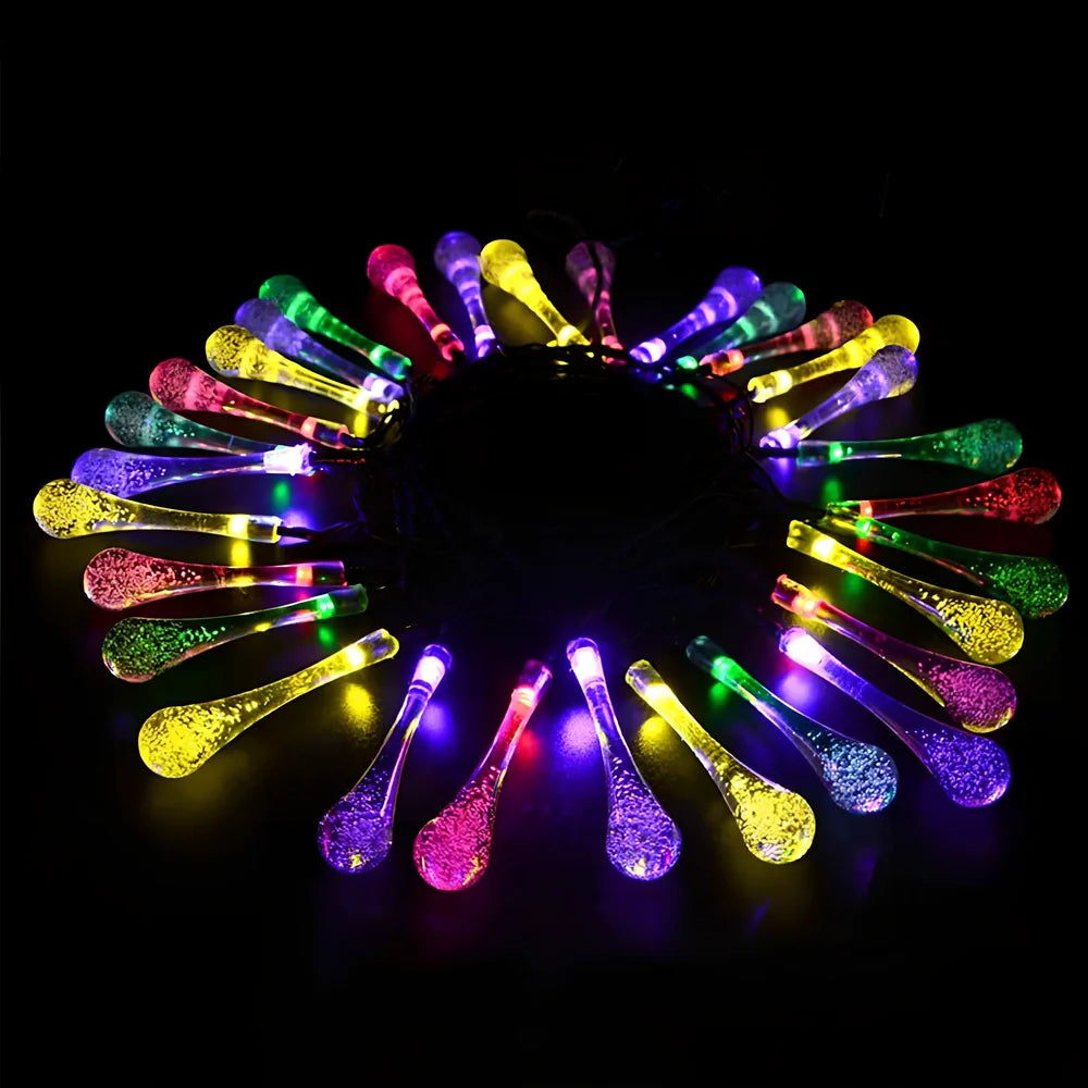 6.5m LED solar water drop string lights with 30 LEDs and waterproof pendants for garden use