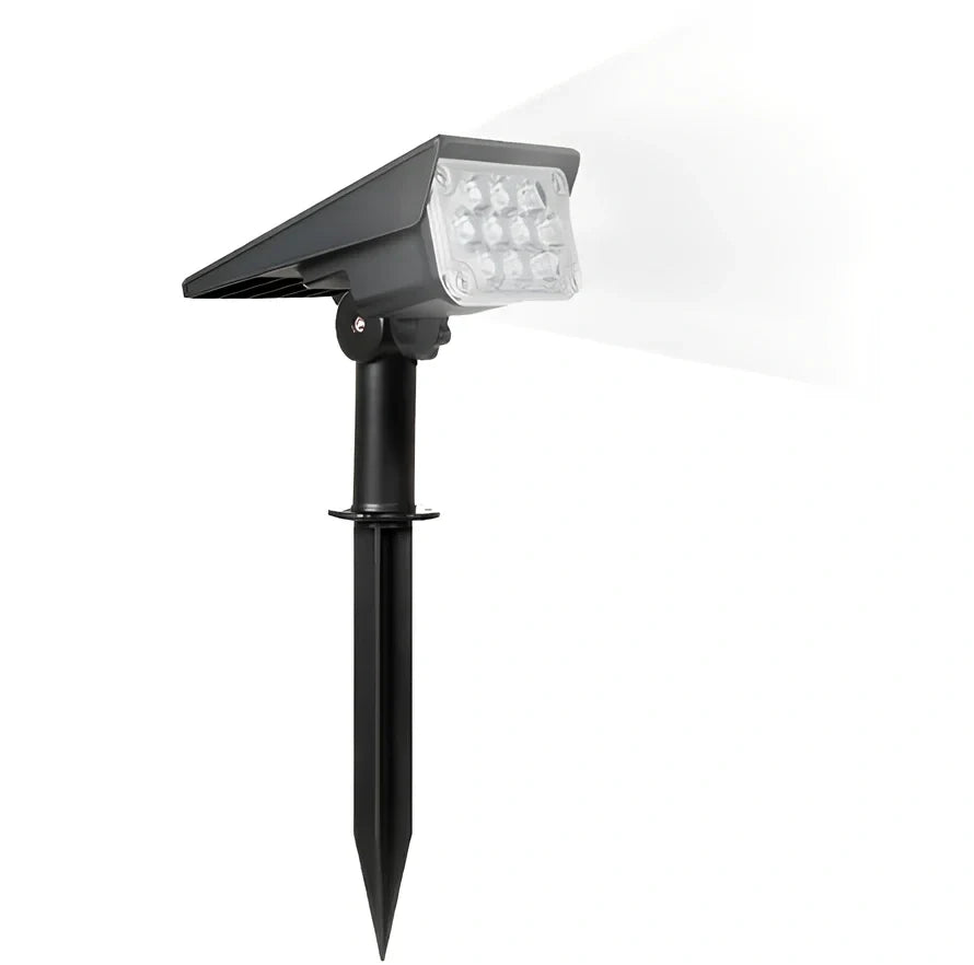 Adjustable solar garden light with black ABS/PC housing and directional spotlight head