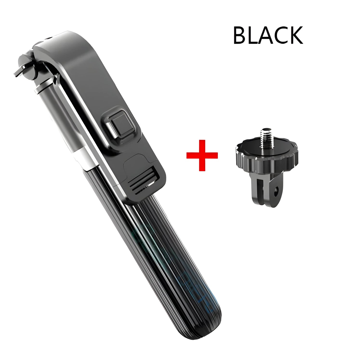 Black aluminium tripod selfie stick extended with iPhone attached showing length adjustment from 186mm to 700mm
