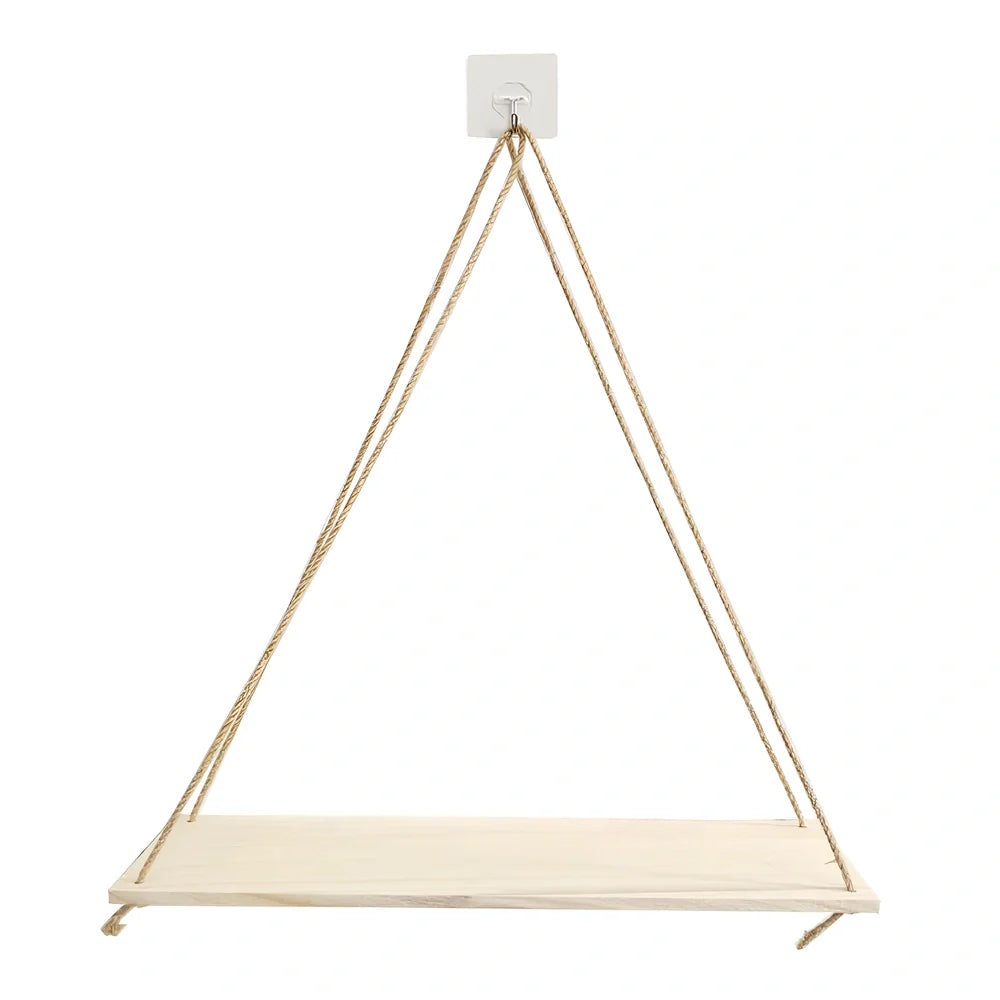 Natural wood wall-mounted shelf displaying small plants and framed photos with 1.3m hanging cord