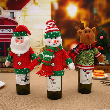 Festive Christmas wine bottle socks in vibrant colors, perfect for holiday decor