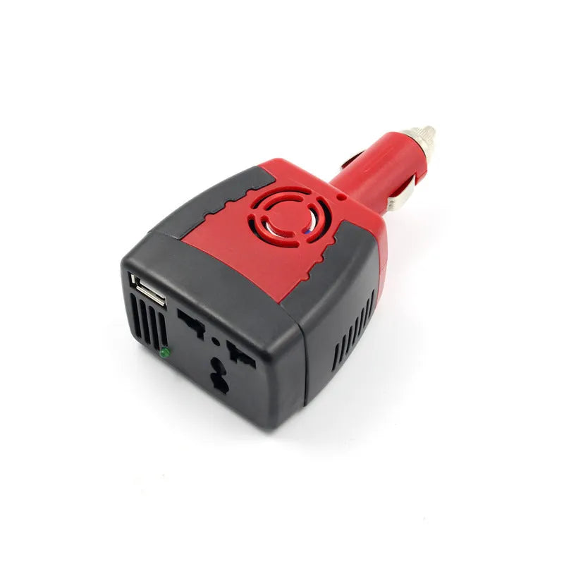 Black and red 150W car power inverter converting 12V DC to 110V AC with USB port