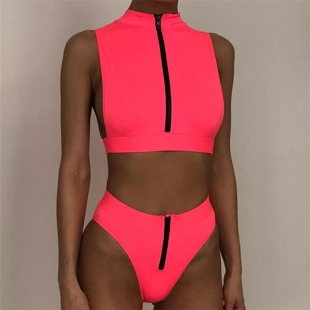 Fluorescent solid bikini swimsuit in yellow, green, and pink, sizes S, M, L