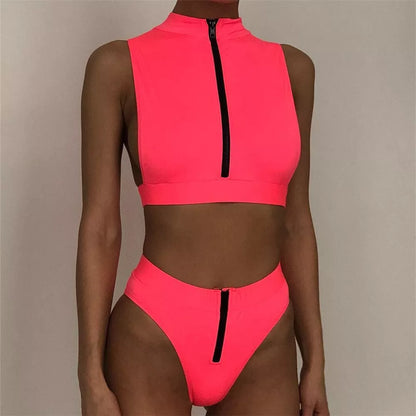Fluorescent solid bikini swimsuit in yellow, green, and pink, sizes S, M, L