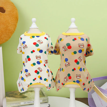 Colourful ball bear dog outfit in beige and light brown colours made from cotton spandex blend