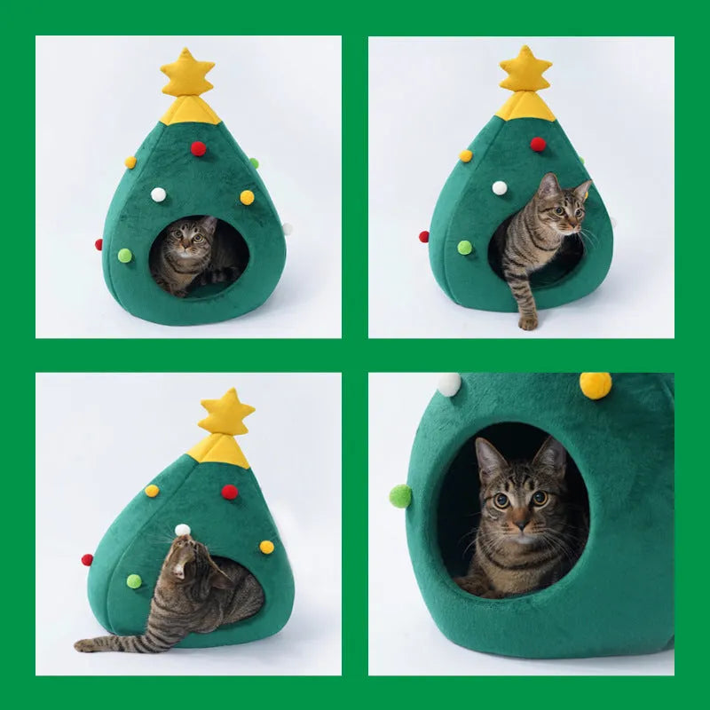 Christmas tree-shaped plush pet cave bed with detachable cover in three sizes for cats and small dogs