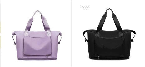 Roomy and foldable gym bag for women with waterproof Oxford fabric, multiple pockets, and wet/dry separation compartment