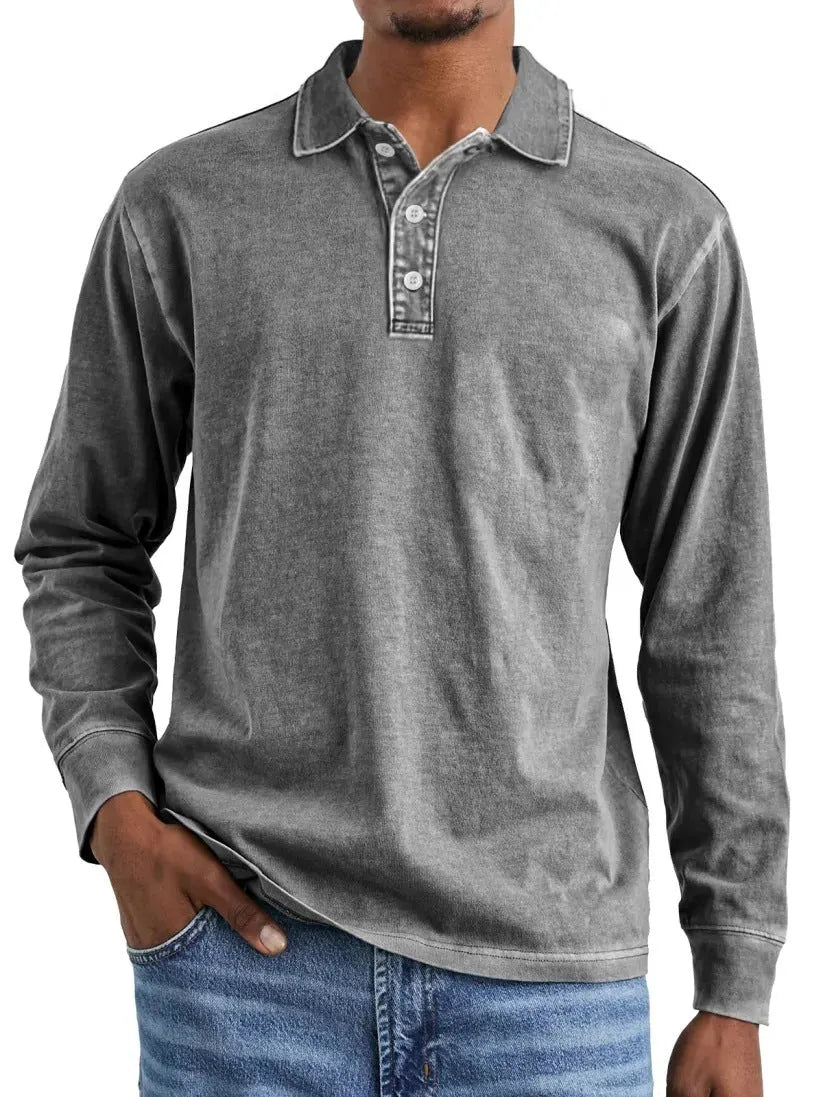 Retro washed distressed cotton lapel long sleeve polo shirt in various colours and sizes