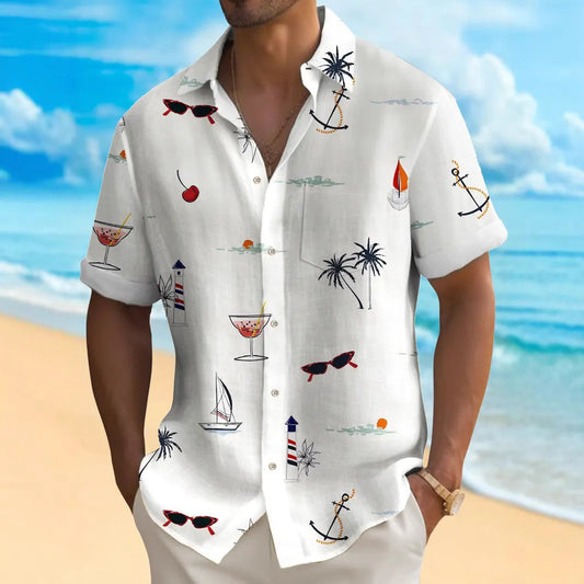 Men's loose-fit Hawaiian shirt with digital printing pattern, short sleeves, polyester fabric