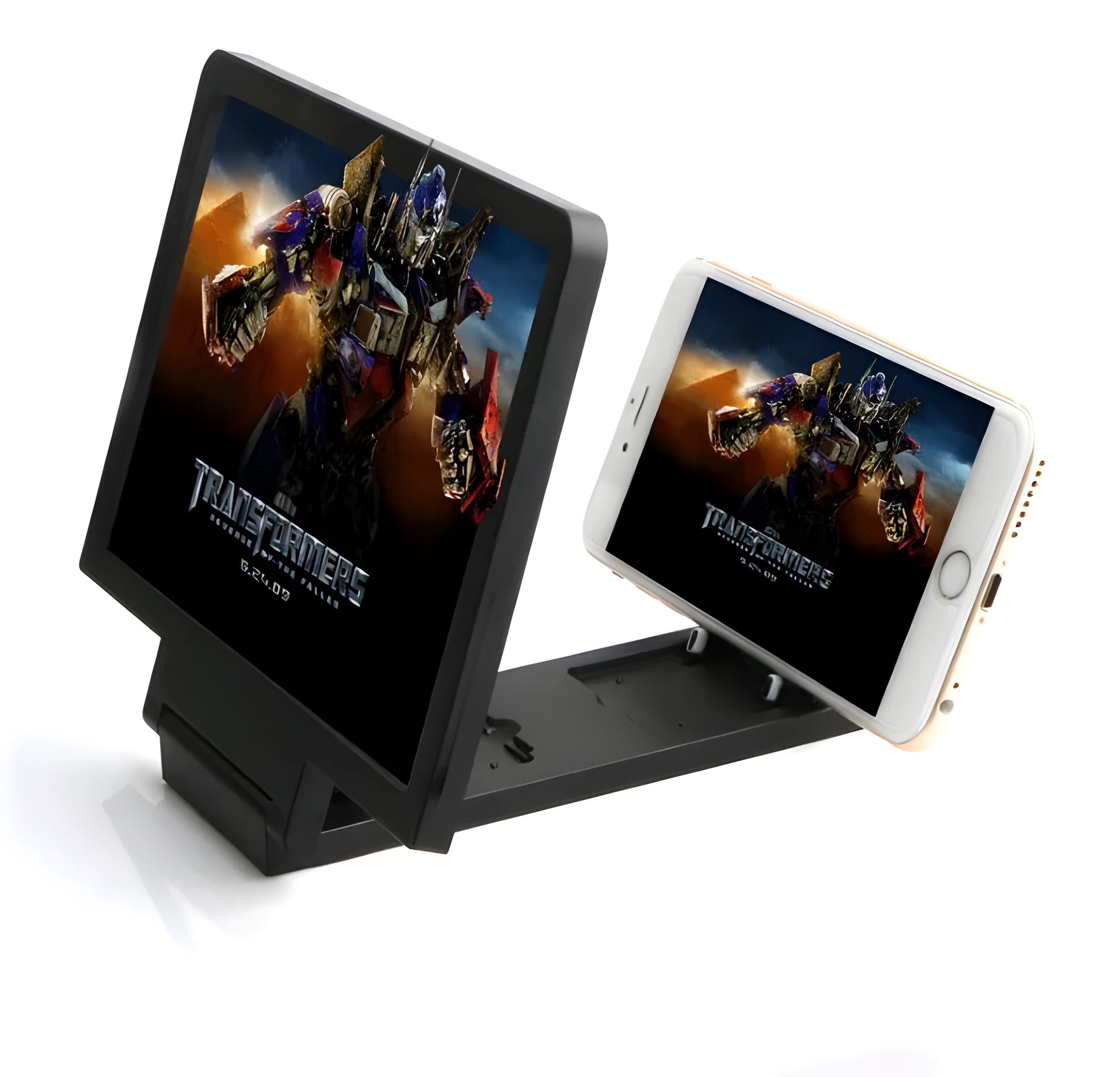 Black phone screen amplifier on a stand, magnifying a mobile phone display three times its size on a wooden desk.