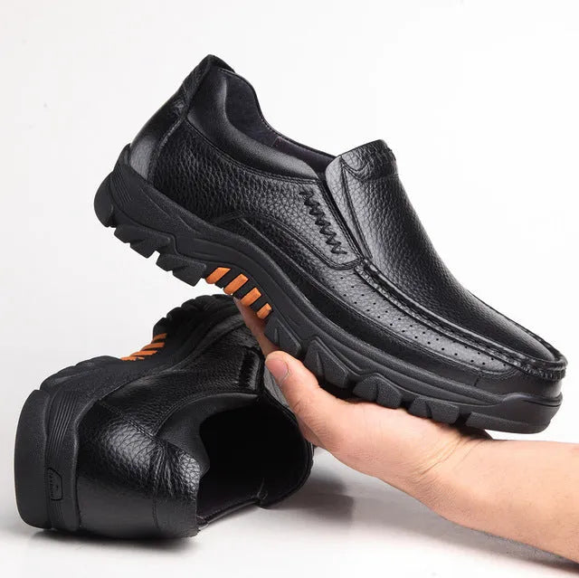 Black and brown leather slip-on business casual shoes with rubber outsole, sizes 38-44