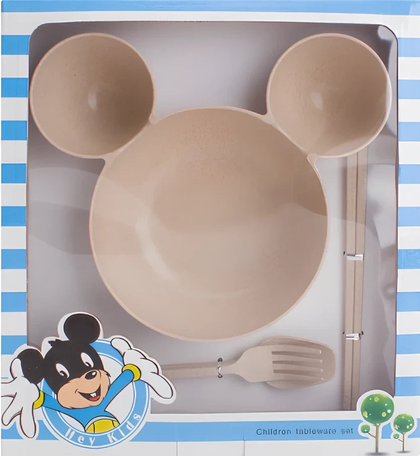 Mickey cartoon wheat straw children's bowl set with pink 21.5 cm bowl, spoon, fork, chopsticks - BPA-free biodegradable kids meal kit