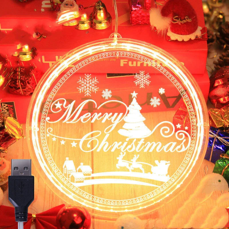 Elegant 3D hanging Christmas lamp with various festive designs, including bells, snowflakes, and Christmas trees.